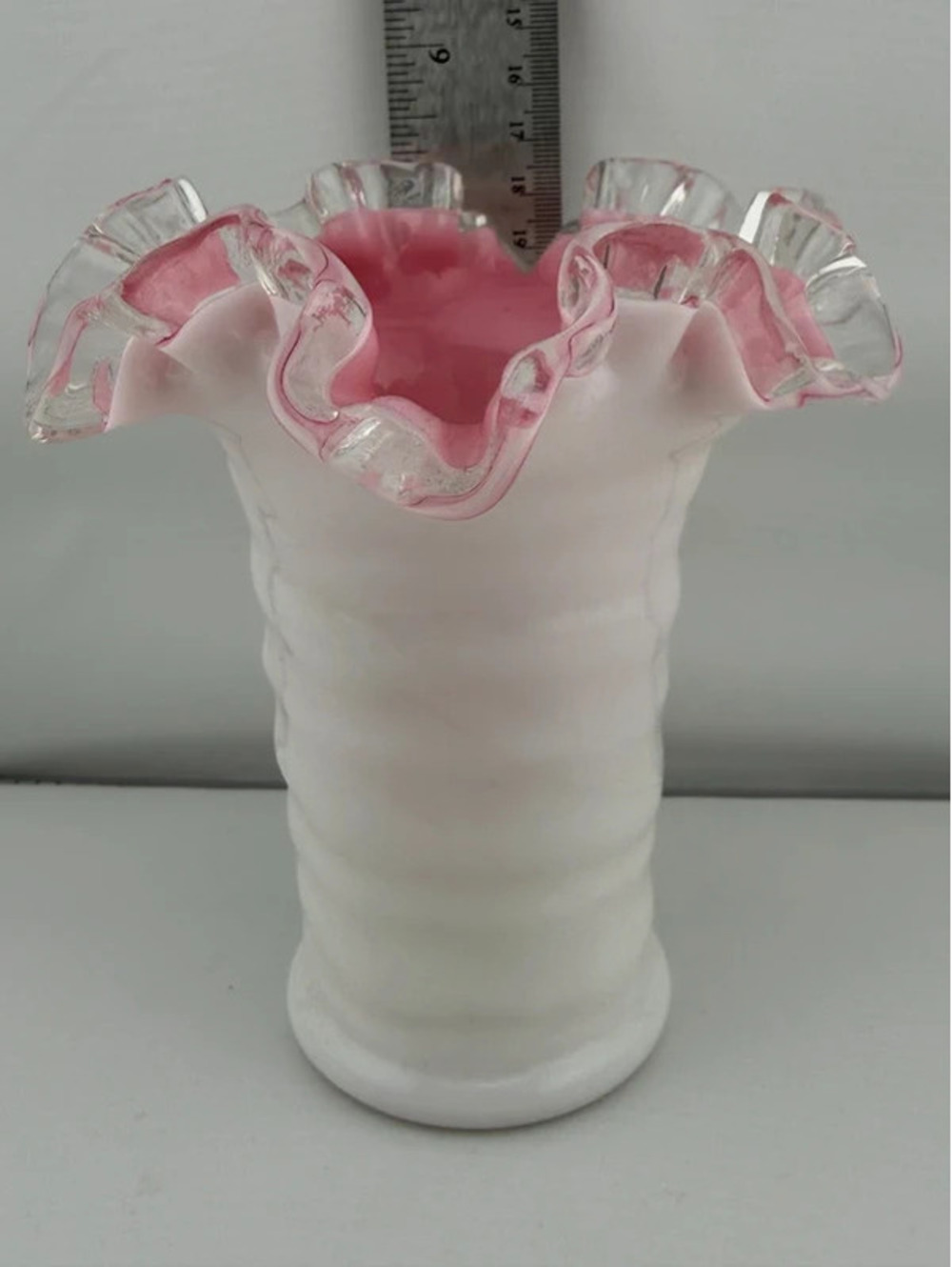 Vintage Fenton Pink White Silver Crest Ruffled Vase – UV Reactive